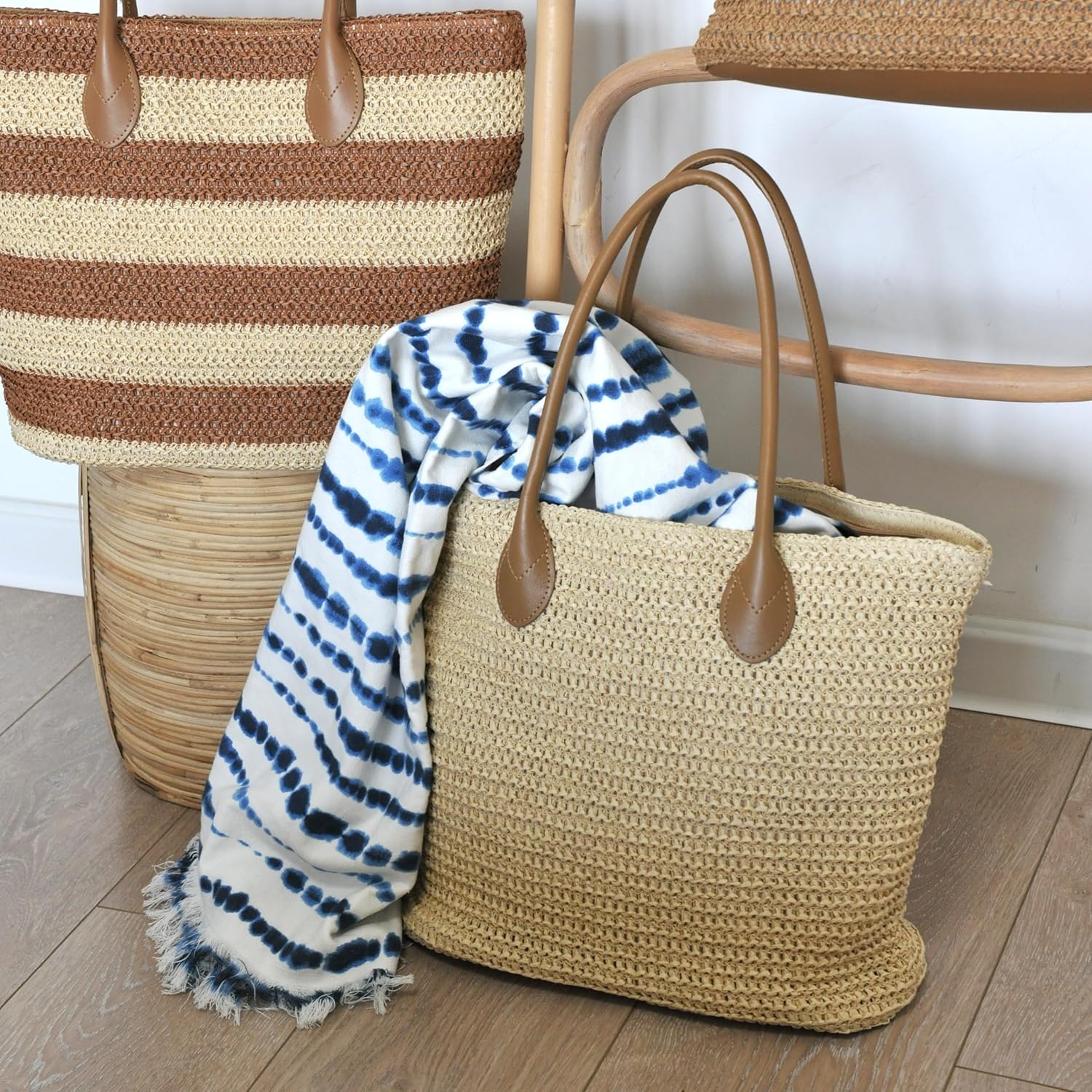 image:imageHOXIS Weekender Lightweight Synthetic Straw Shopper Tote Womens Shoulder HandbagBeige