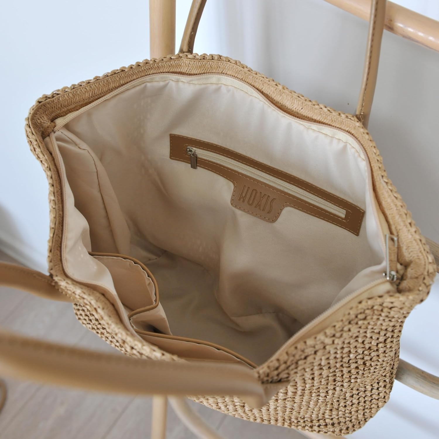 image:imageHOXIS Weekender Lightweight Synthetic Straw Shopper Tote Womens Shoulder HandbagTan