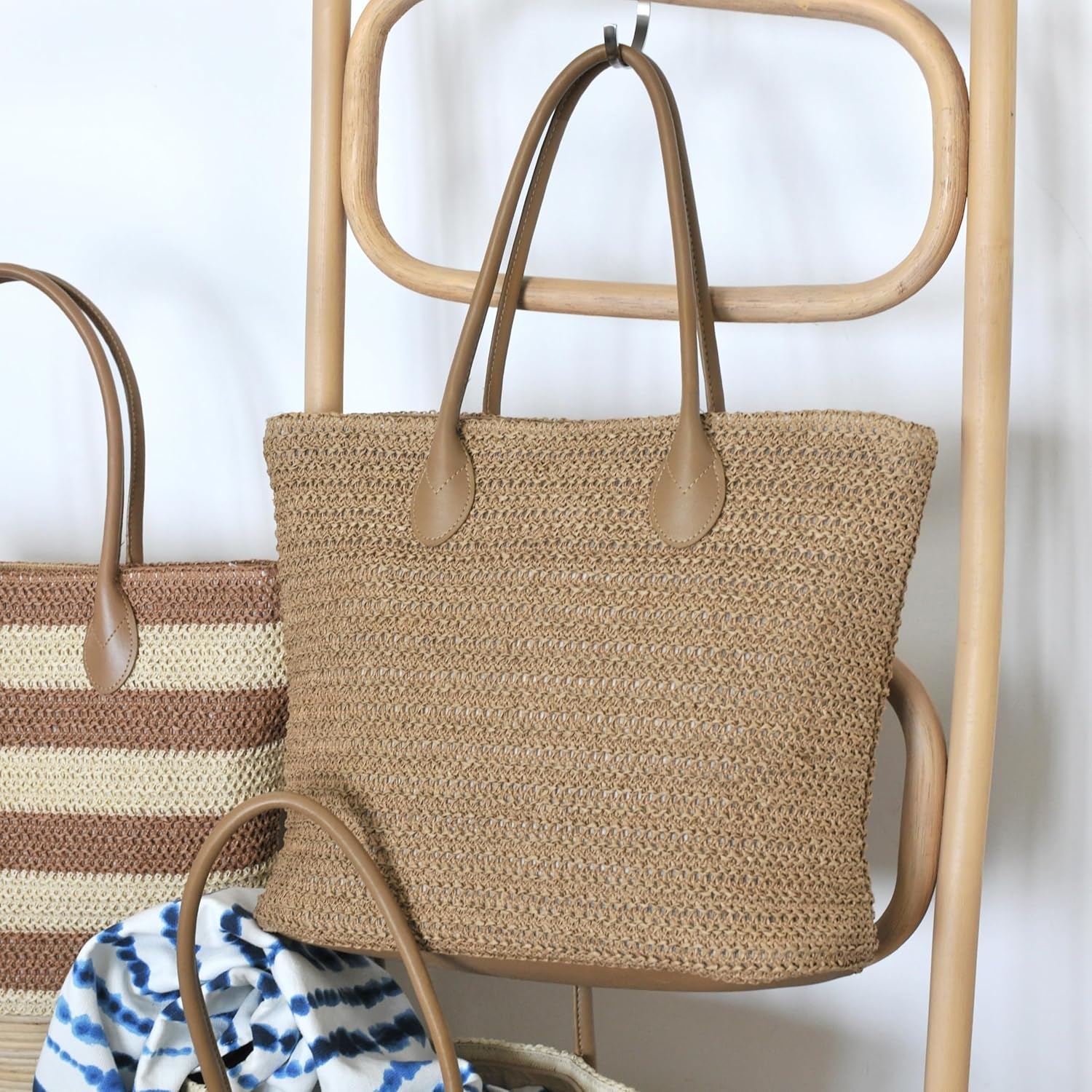 image:imageHOXIS Weekender Lightweight Synthetic Straw Shopper Tote Womens Shoulder HandbagTan