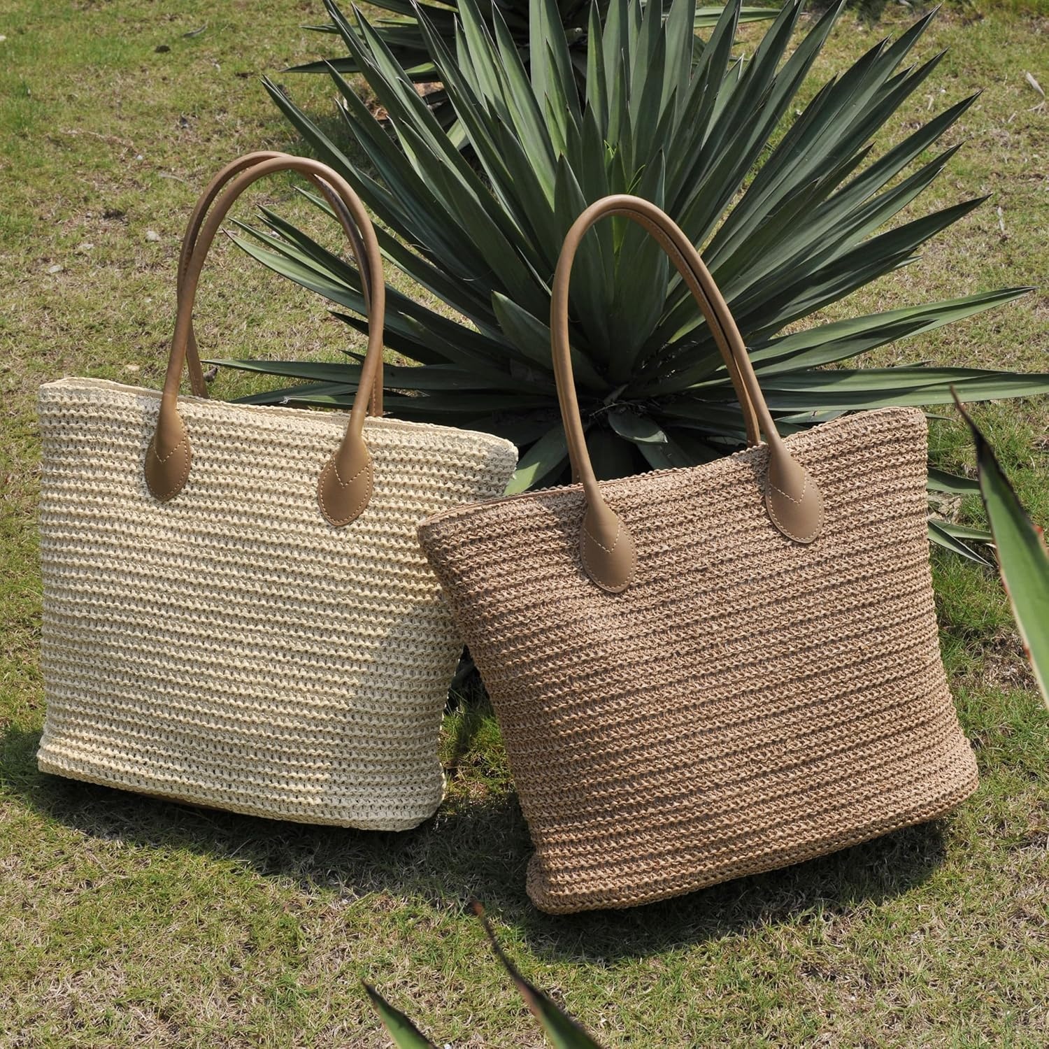 image:imageHOXIS Weekender Lightweight Synthetic Straw Shopper Tote Womens Shoulder HandbagTan