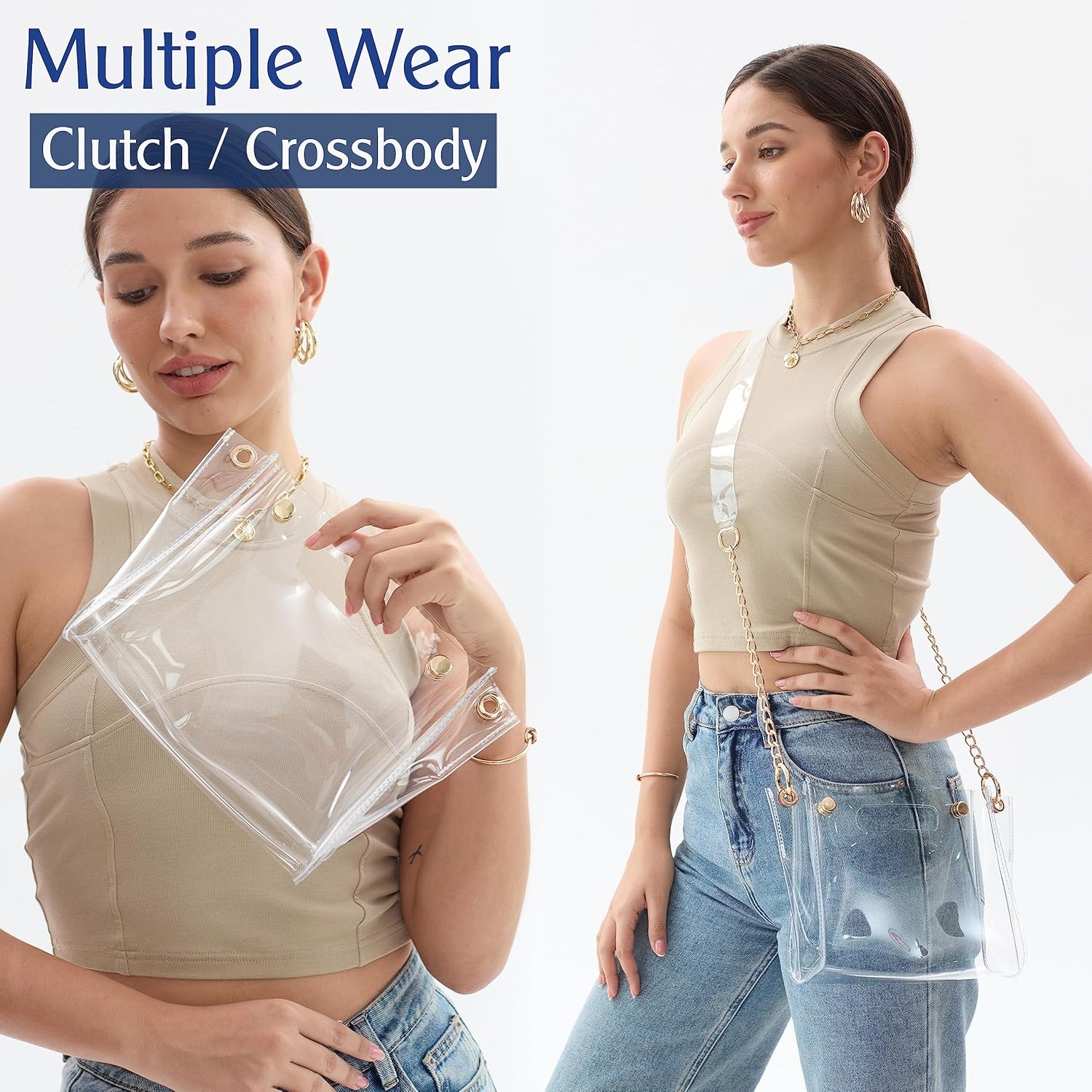 image:imageHOXIS Womens Studded Clear PVC Crossbody Bag Transparent Cut It Out Clutch Chain Shoulder Handbag Stadium Approved Purse