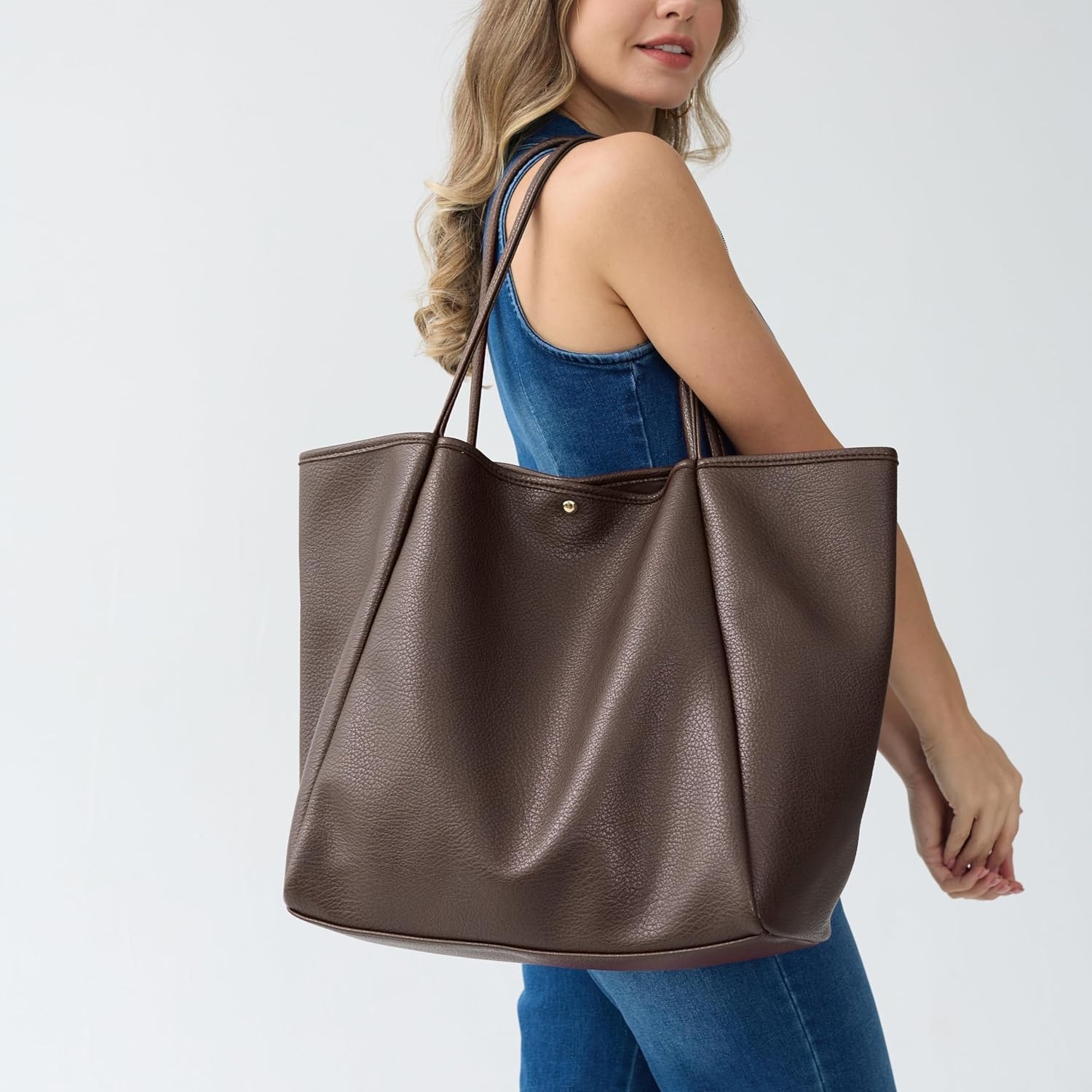 image:imageOversize Pu Leather Tote Women Weekender Bag Shopper Handbag Travel PurseCoffee