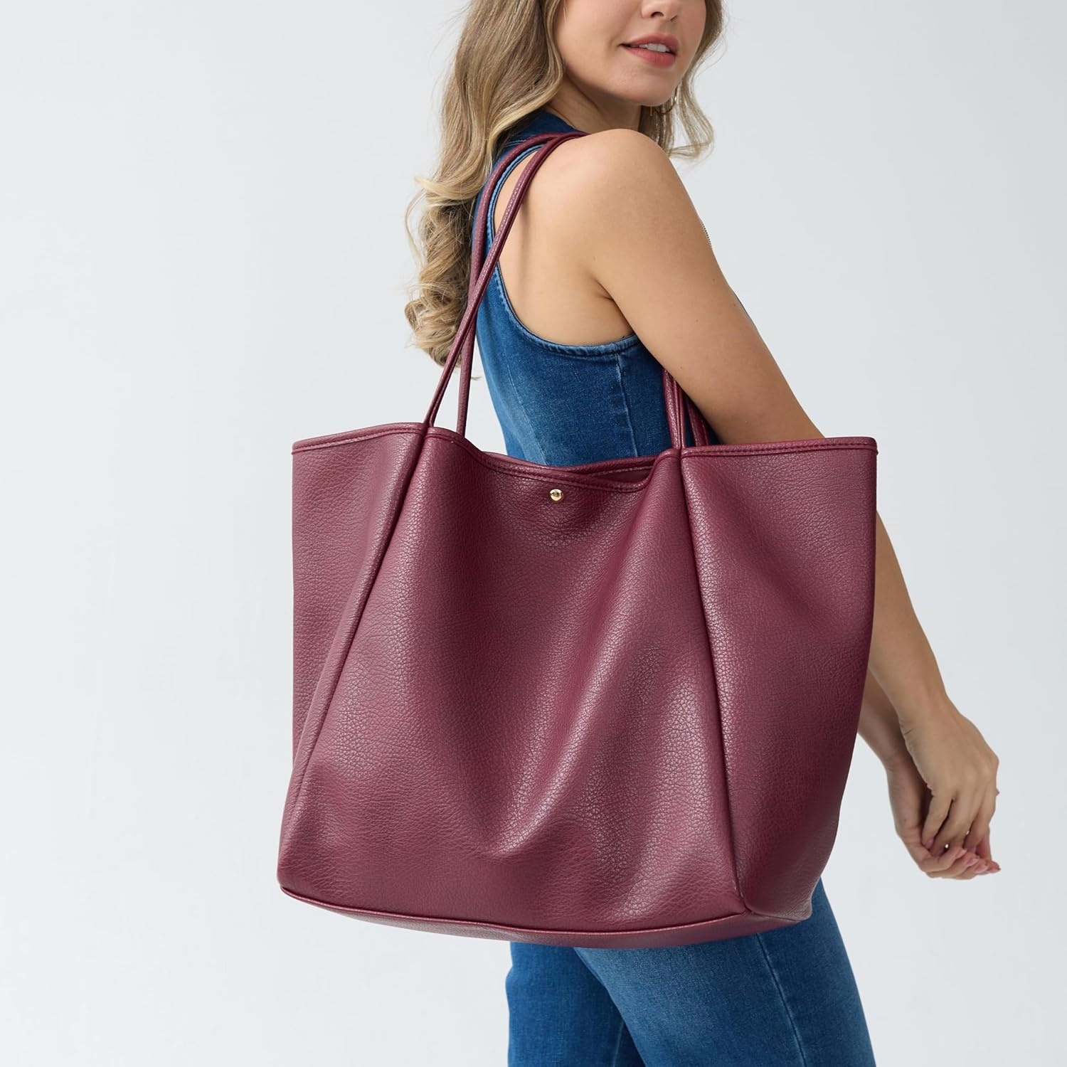 image:imageOversize Pu Leather Tote Women Weekender Bag Shopper Handbag Travel PurseDark Red