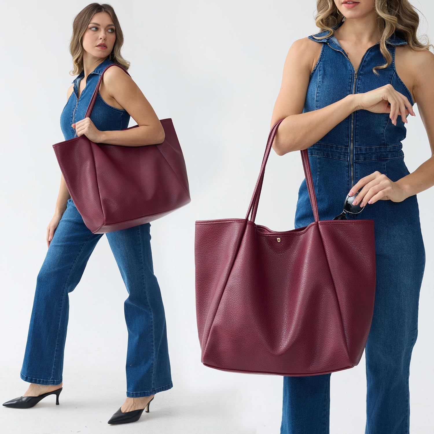 image:imageOversize Pu Leather Tote Women Weekender Bag Shopper Handbag Travel PurseDark Red