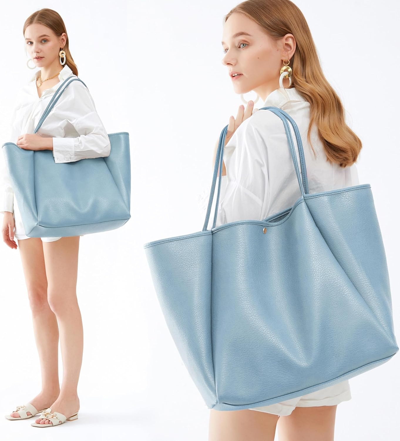 image:imageOversize Pu Leather Tote Women Weekender Bag Shopper Handbag Travel PurseDusty Blue