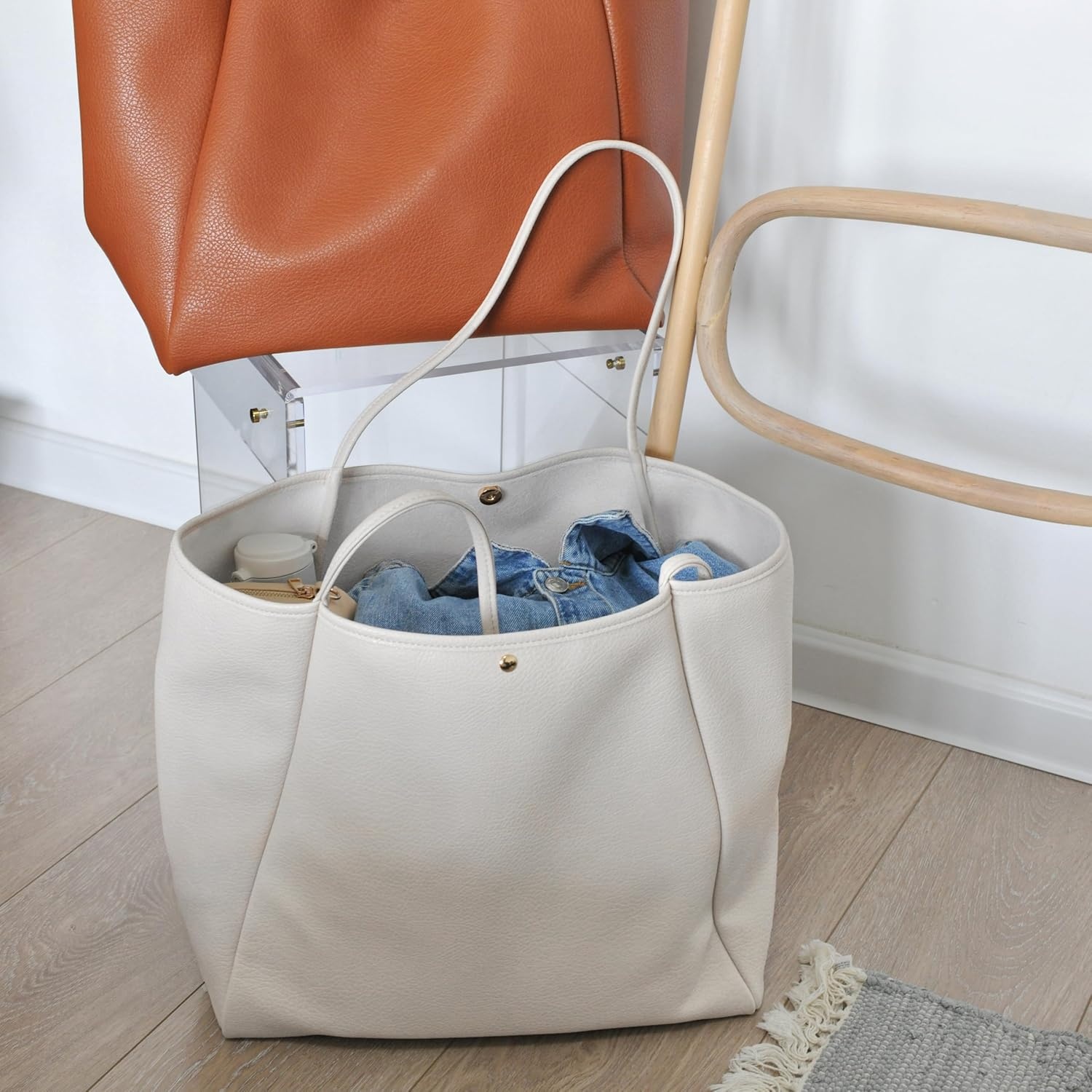 image:imageOversize Pu Leather Tote Women Weekender Bag Shopper Handbag Travel PurseIvory