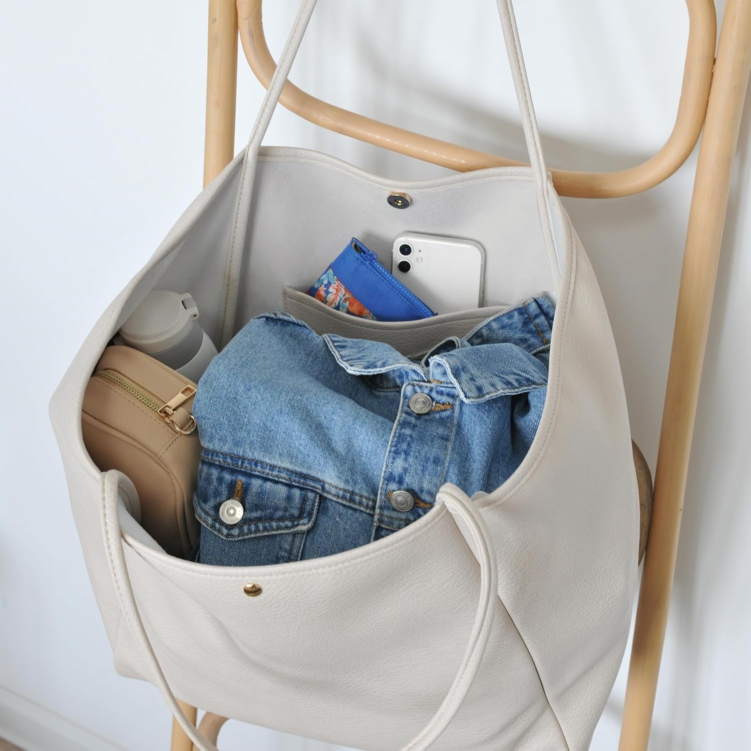 image:imageOversize Pu Leather Tote Women Weekender Bag Shopper Handbag Travel PurseIvory