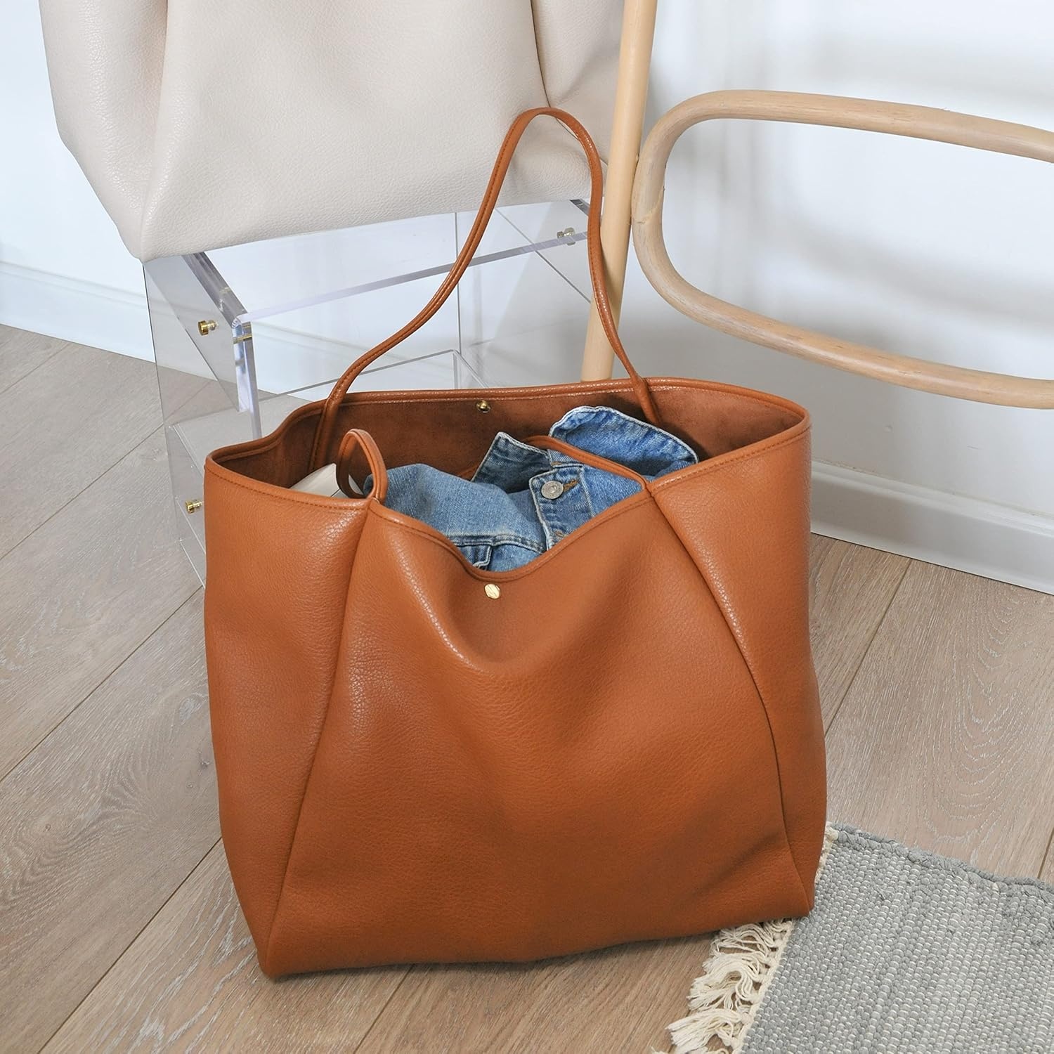 image:imageOversize Pu Leather Tote Women Weekender Bag Shopper Handbag Travel PurseOrangebrown