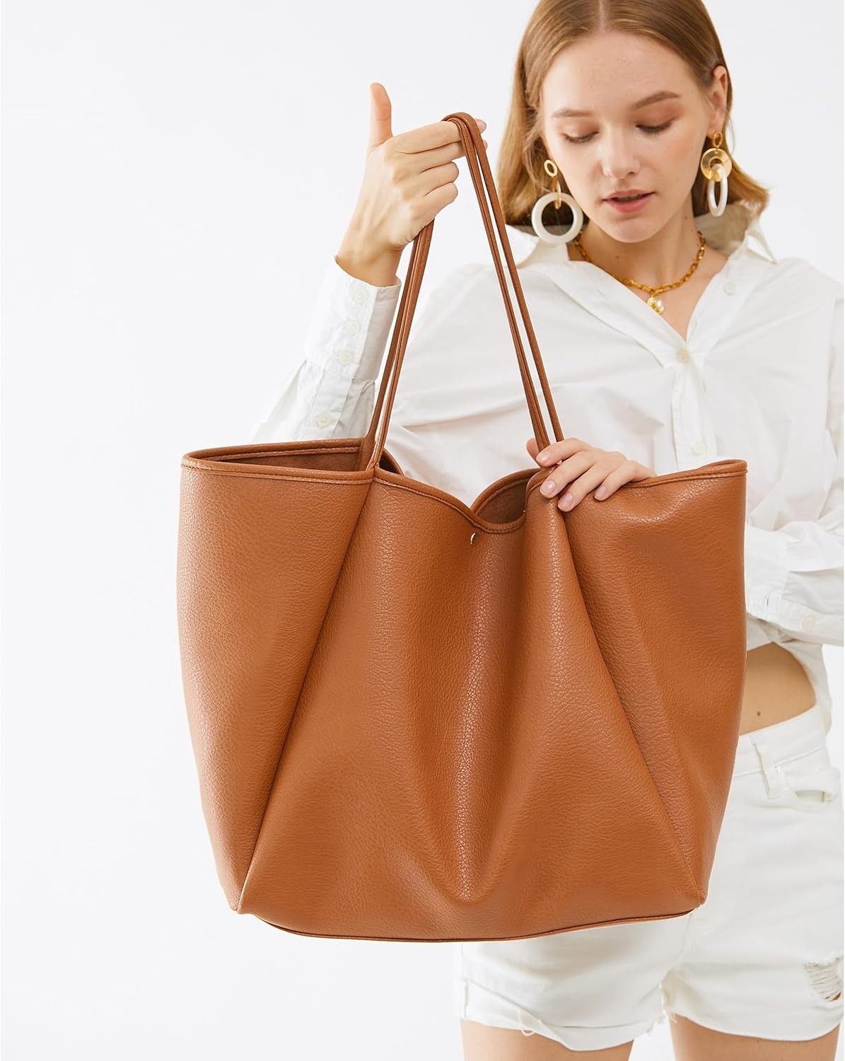 image:imageOversize Pu Leather Tote Women Weekender Bag Shopper Handbag Travel PurseOrangebrown