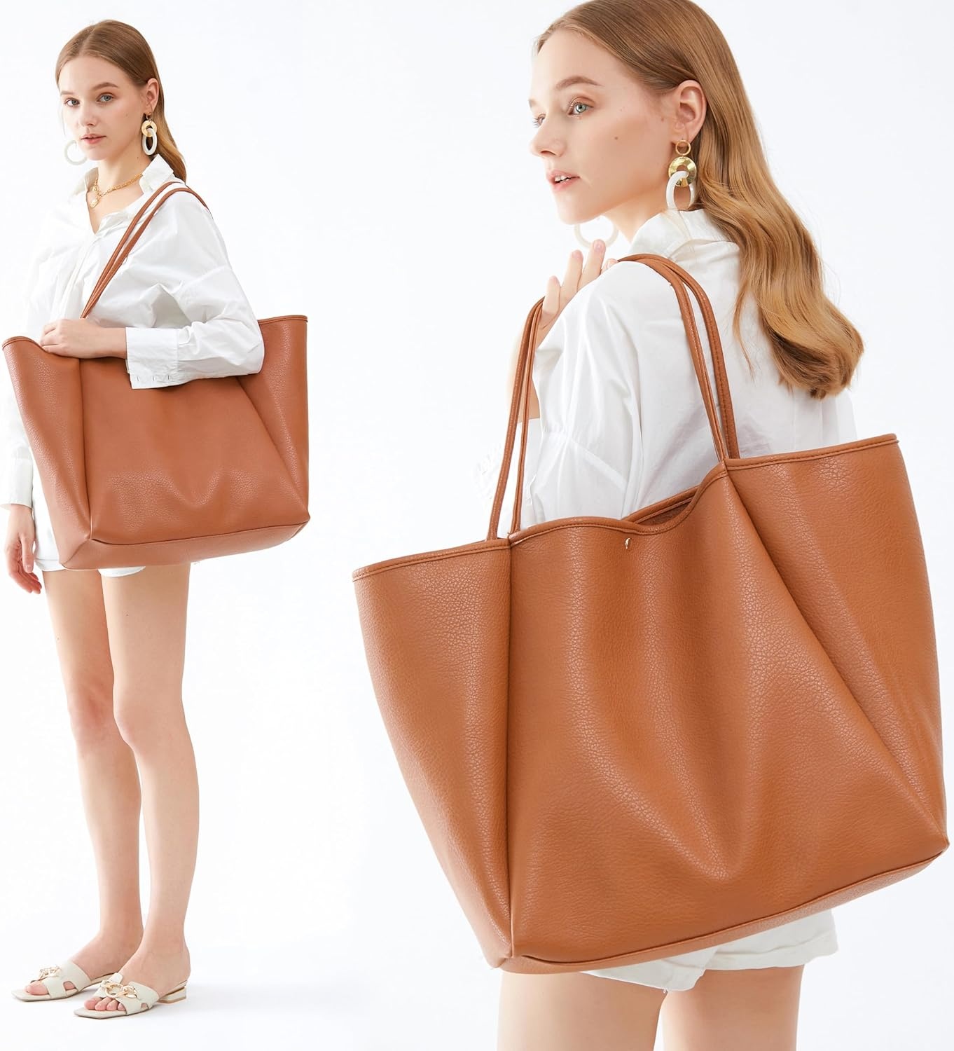 image:imageOversize Pu Leather Tote Women Weekender Bag Shopper Handbag Travel PurseOrangebrown