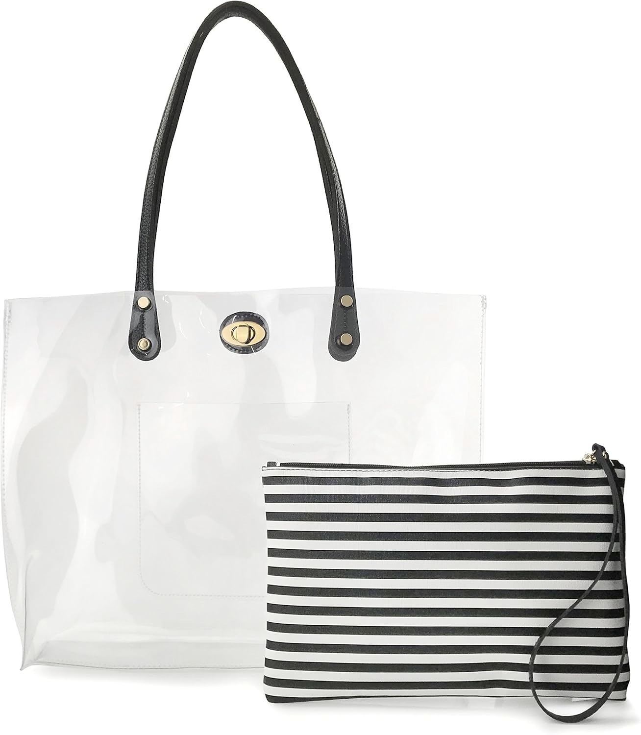 image:imagePVC Clear Womens Tote With Striped Zipper Clutch Weekender Shoulder Handbag Striped ZipperBlackwhite Stripes
