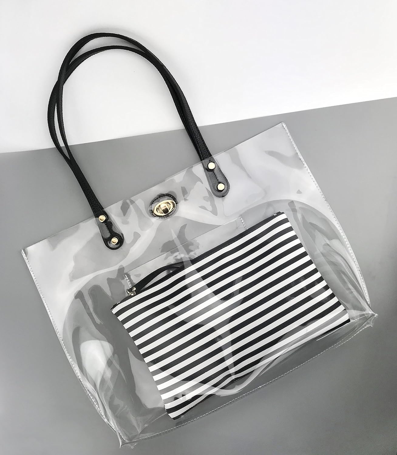 image:imagePVC Clear Womens Tote With Striped Zipper Clutch Weekender Shoulder Handbag Striped ZipperBlackwhite Stripes