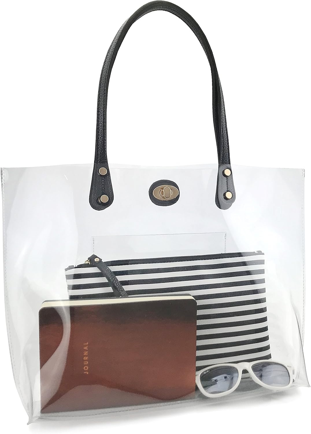 image:imagePVC Clear Womens Tote With Striped Zipper Clutch Weekender Shoulder Handbag Striped ZipperBlackwhite Stripes