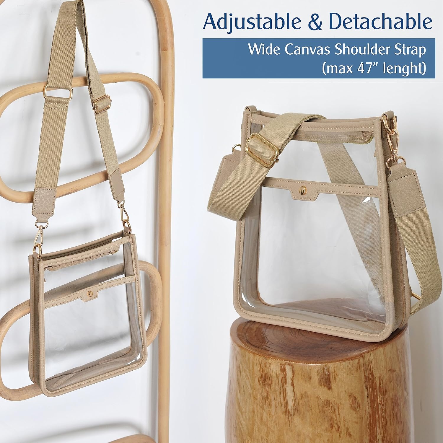 image:imageWomens Clear PVC Cross Body Bag Zipper Pocket Shoulder Bag with Vegan Leather Trim Stadium Approved Transparent Purse