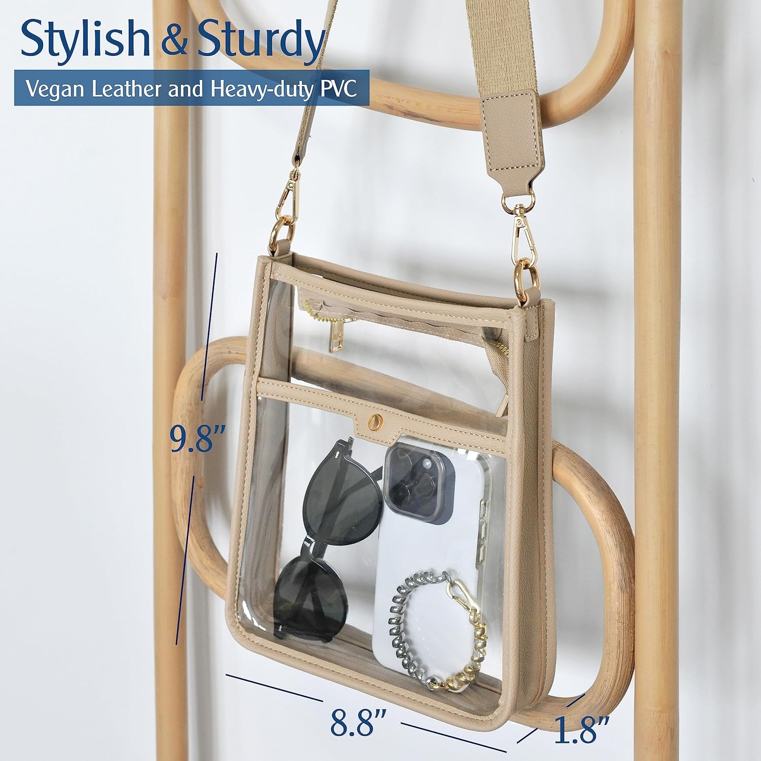 image:imageWomens Clear PVC Cross Body Bag Zipper Pocket Shoulder Bag with Vegan Leather Trim Stadium Approved Transparent Purse
