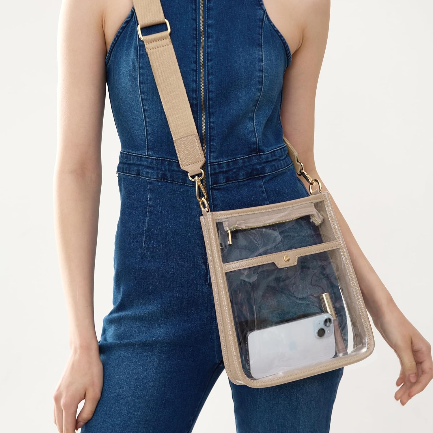 image:imageWomens Clear PVC Cross Body Bag Zipper Pocket Shoulder Bag with Vegan Leather Trim Stadium Approved Transparent Purse