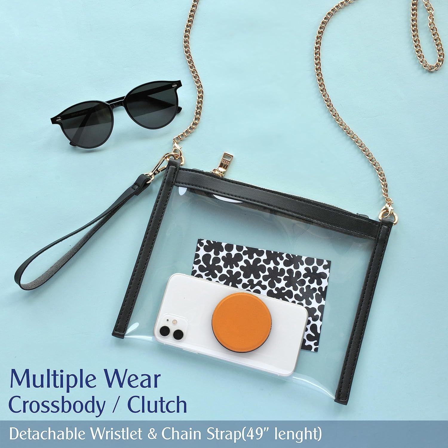 image:imageWomens Clear PVC Cross Body Bag with Vegan Leather Trim Zipper Chain Shoulder Bag Transparent Purse Stadium Approved