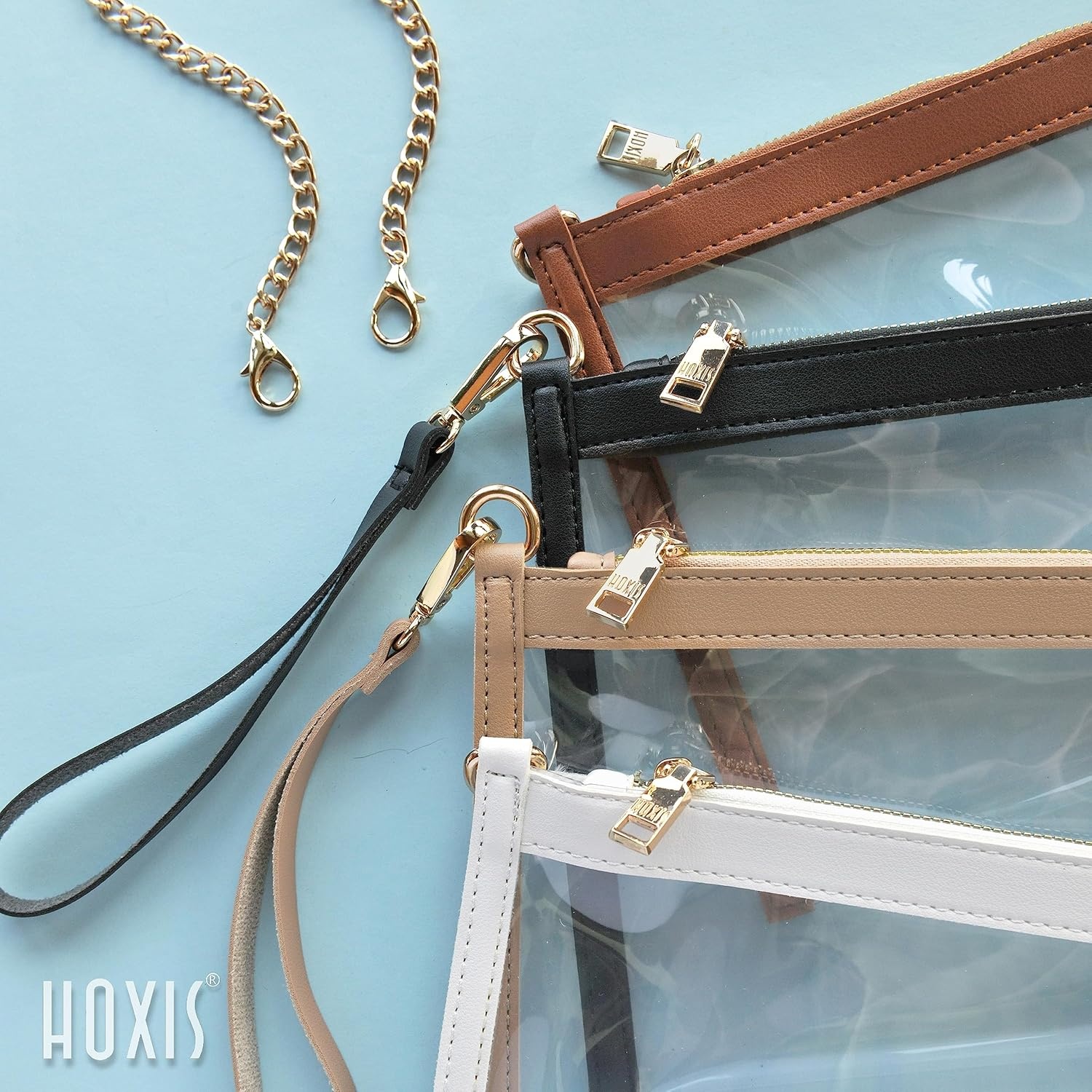 image:imageWomens Clear PVC Cross Body Bag with Vegan Leather Trim Zipper Chain Shoulder Bag Transparent Purse Stadium Approved