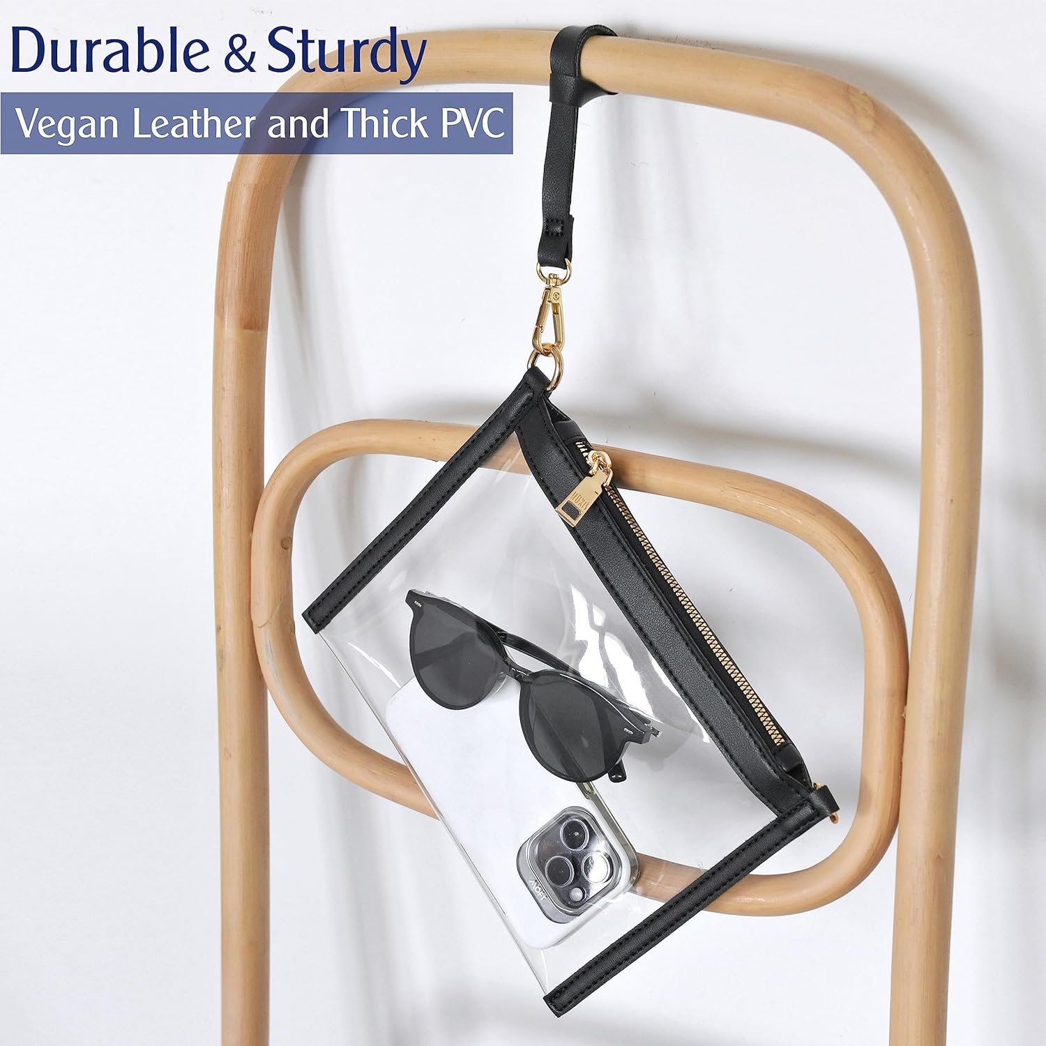 image:imageWomens Clear PVC Cross Body Bag with Vegan Leather Trim Zipper Chain Shoulder Bag Transparent Purse Stadium Approved