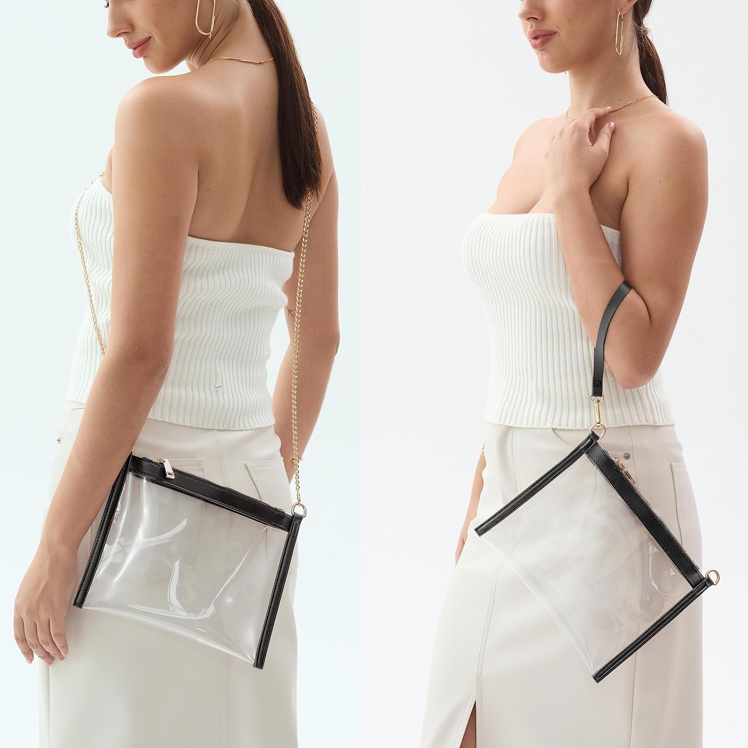 image:imageWomens Clear PVC Cross Body Bag with Vegan Leather Trim Zipper Chain Shoulder Bag Transparent Purse Stadium Approved