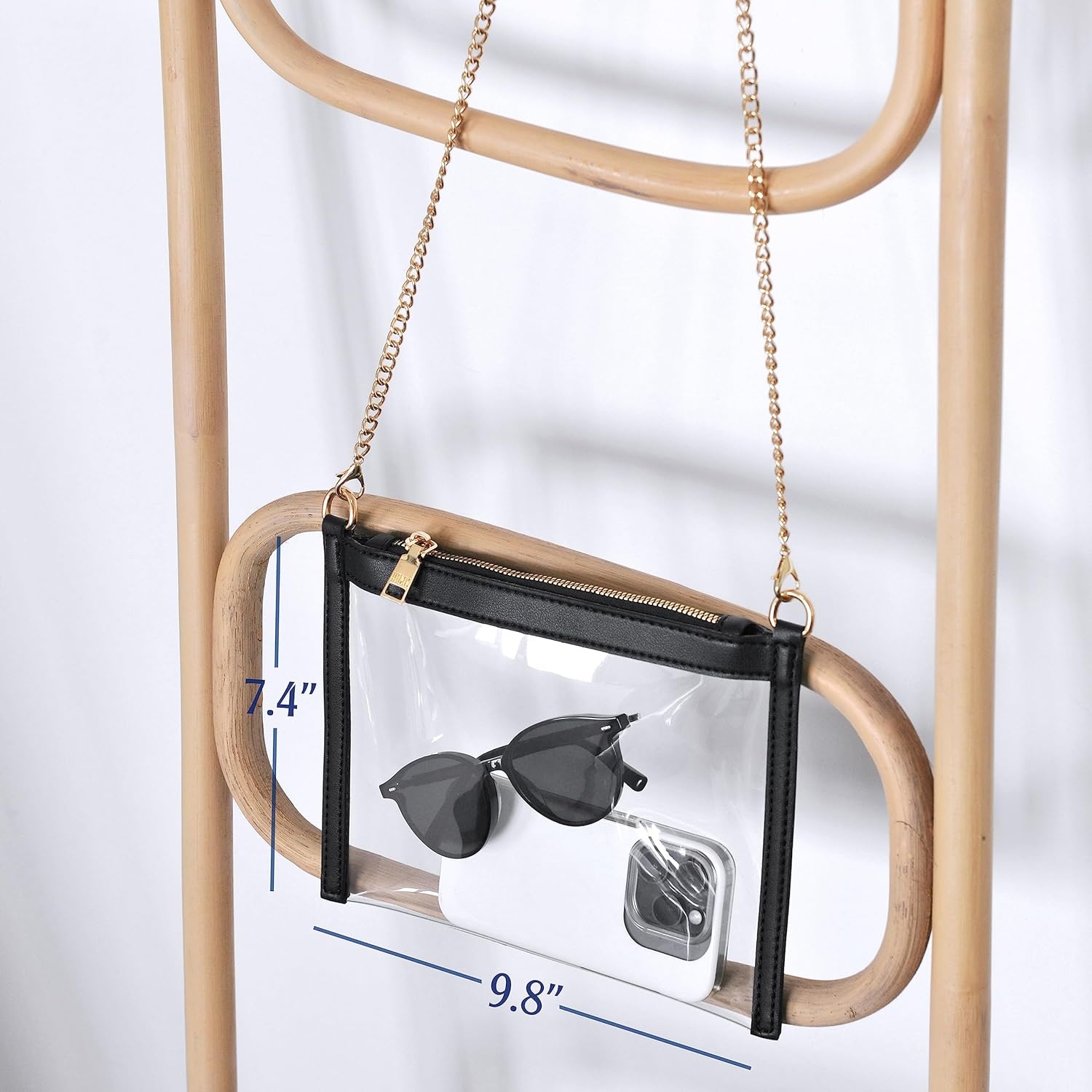 image:imageWomens Clear PVC Cross Body Bag with Vegan Leather Trim Zipper Chain Shoulder Bag Transparent Purse Stadium Approved