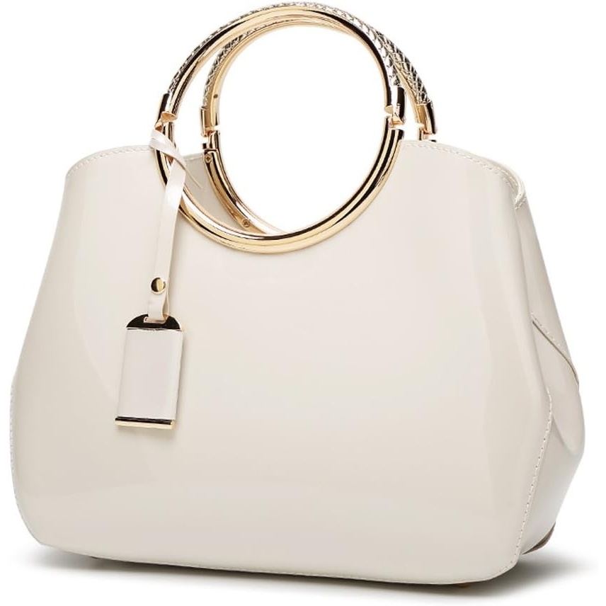 image:imageHOXIS Charm Glossy Metal Grip Structured Shoulder Handbag Women SatchelCream