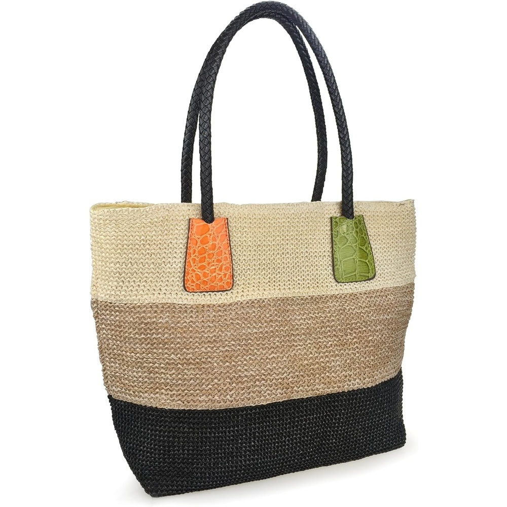 image:imageHOXIS Color Block Crocodile Pattern Stripes Woven Synthetic Straw Tote Womens Shoulder Handbag LovewinKhaki