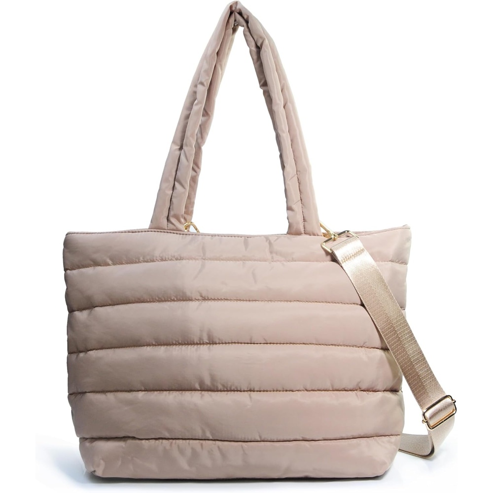 image:imageHOXIS Puffer Tote for Women Quilted Shoulder Handbag Lightweight Weekender Bag Purse for Work Travel Gym ShopNude