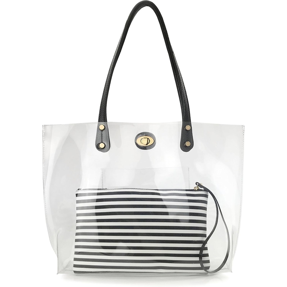 image:imagePVC Clear Womens Tote With Striped Zipper Clutch Weekender Shoulder Handbag Striped ZipperBlackwhite Stripes