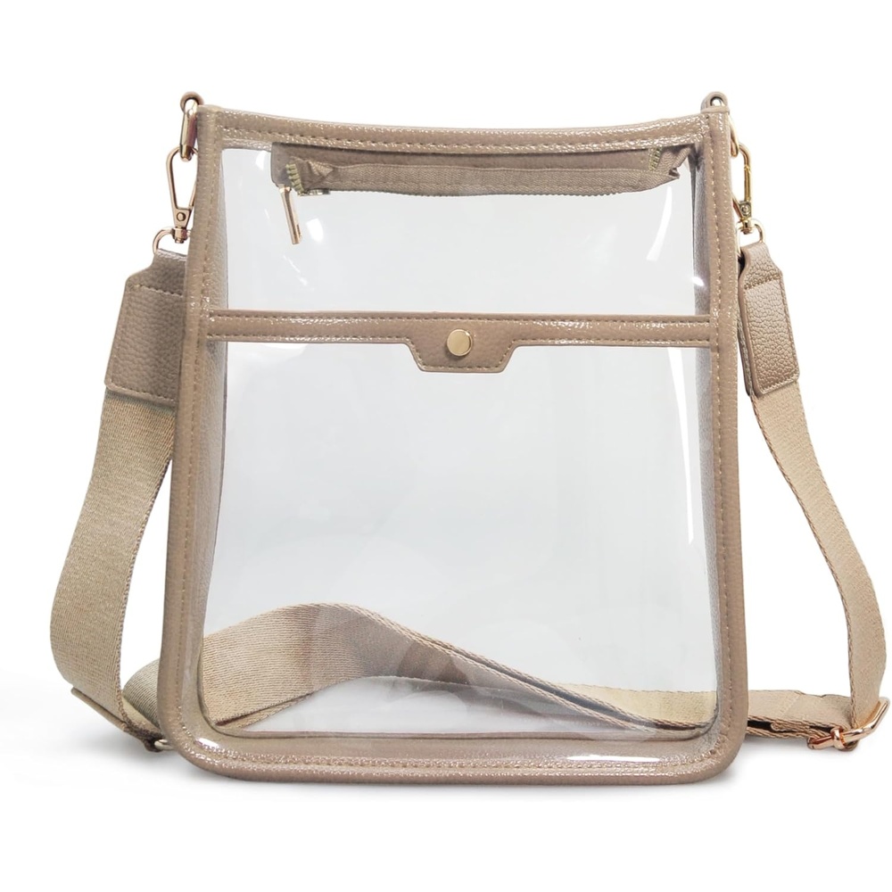 image:imageWomens Clear PVC Cross Body Bag Zipper Pocket Shoulder Bag with Vegan Leather Trim Stadium Approved Transparent Purse
