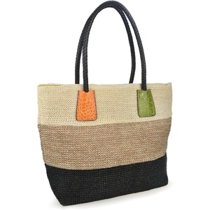 image:imageHOXIS Color Block Crocodile Pattern Stripes Woven Synthetic Straw Tote Womens Shoulder Handbag LovewinKhaki
