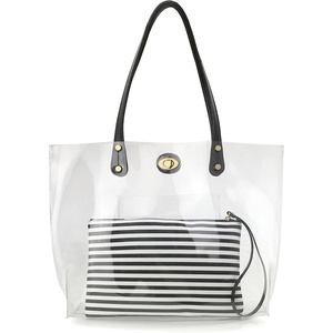 image:imagePVC Clear Womens Tote With Striped Zipper Clutch Weekender Shoulder Handbag  Striped ZipperBlackwhite Stripes