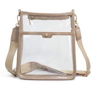 image:imageWomens Clear PVC Cross Body Bag Zipper Pocket Shoulder Bag with Vegan Leather Trim Stadium Approved Transparent Purse