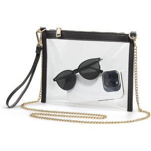 image:imageWomens Clear PVC Cross Body Bag with Vegan Leather Trim Zipper Chain Shoulder Bag Transparent Purse Stadium Approved