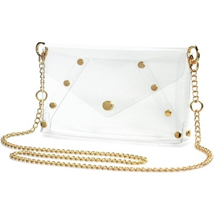image:imageWomens Rivet Studded Clear Shoulder Bag PVC Transparent Envelope Clutch Chain Strap Cross Body Bag Stadium Approved Purse
