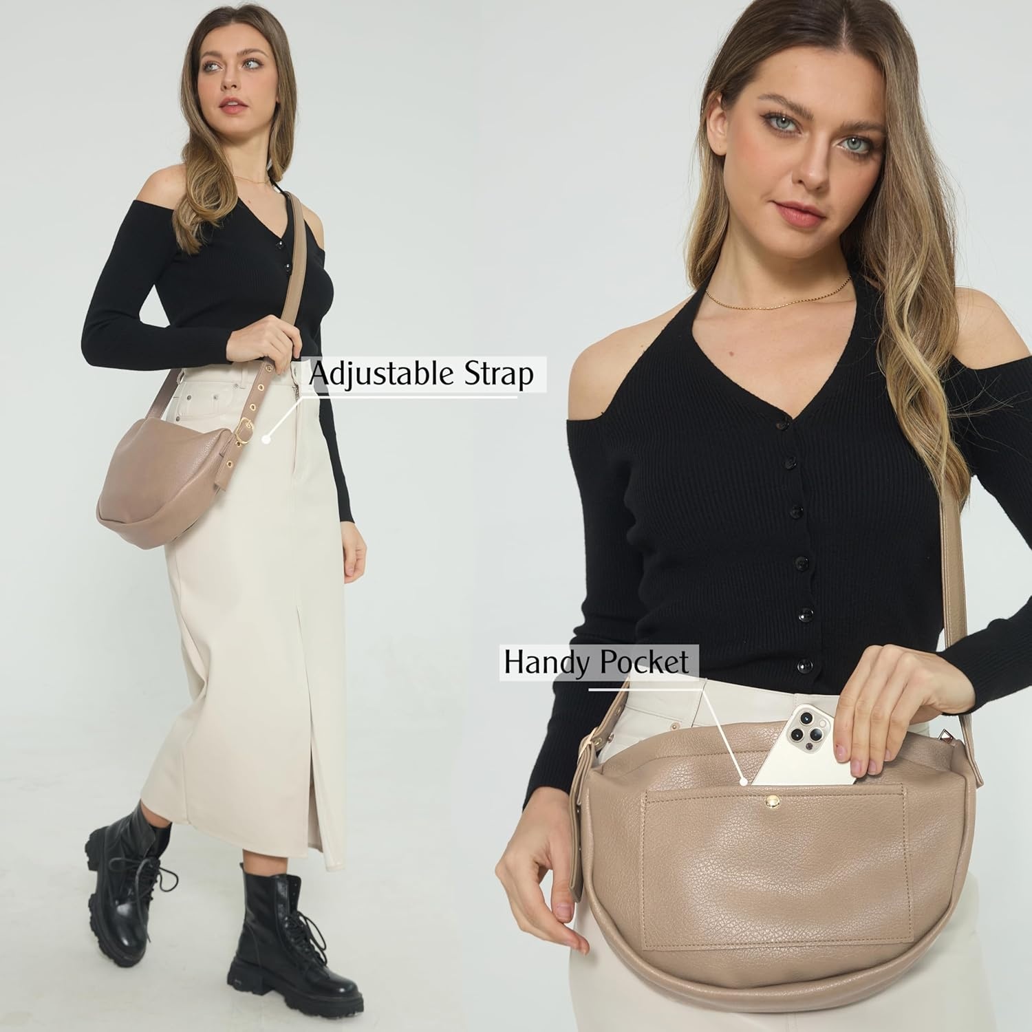 image:imageCrescent Crossbody Bag Hobo Sling Bag Women Vegan Leather Shoulder Handbag with Adjustable Strap Nude