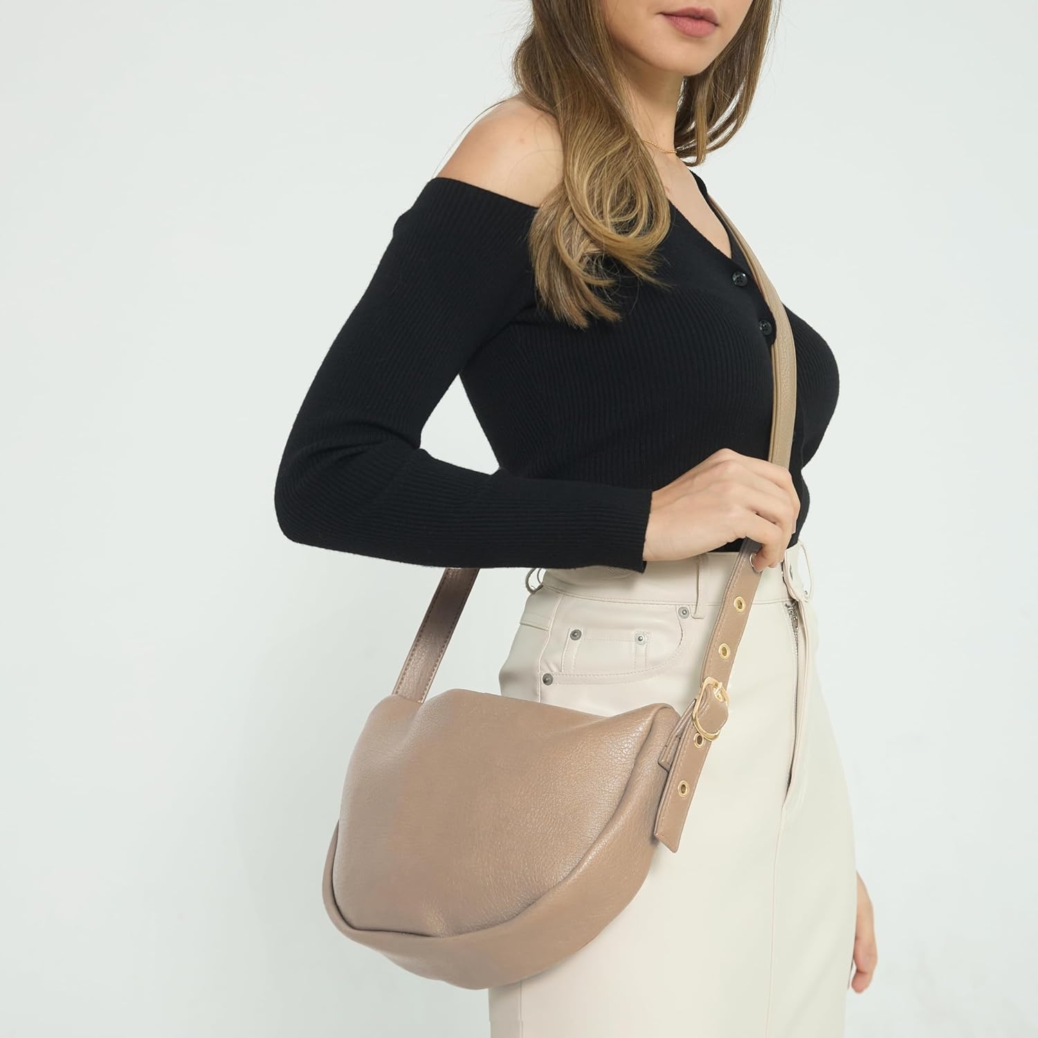 image:imageCrescent Crossbody Bag Hobo Sling Bag Women Vegan Leather Shoulder Handbag with Adjustable Strap Nude