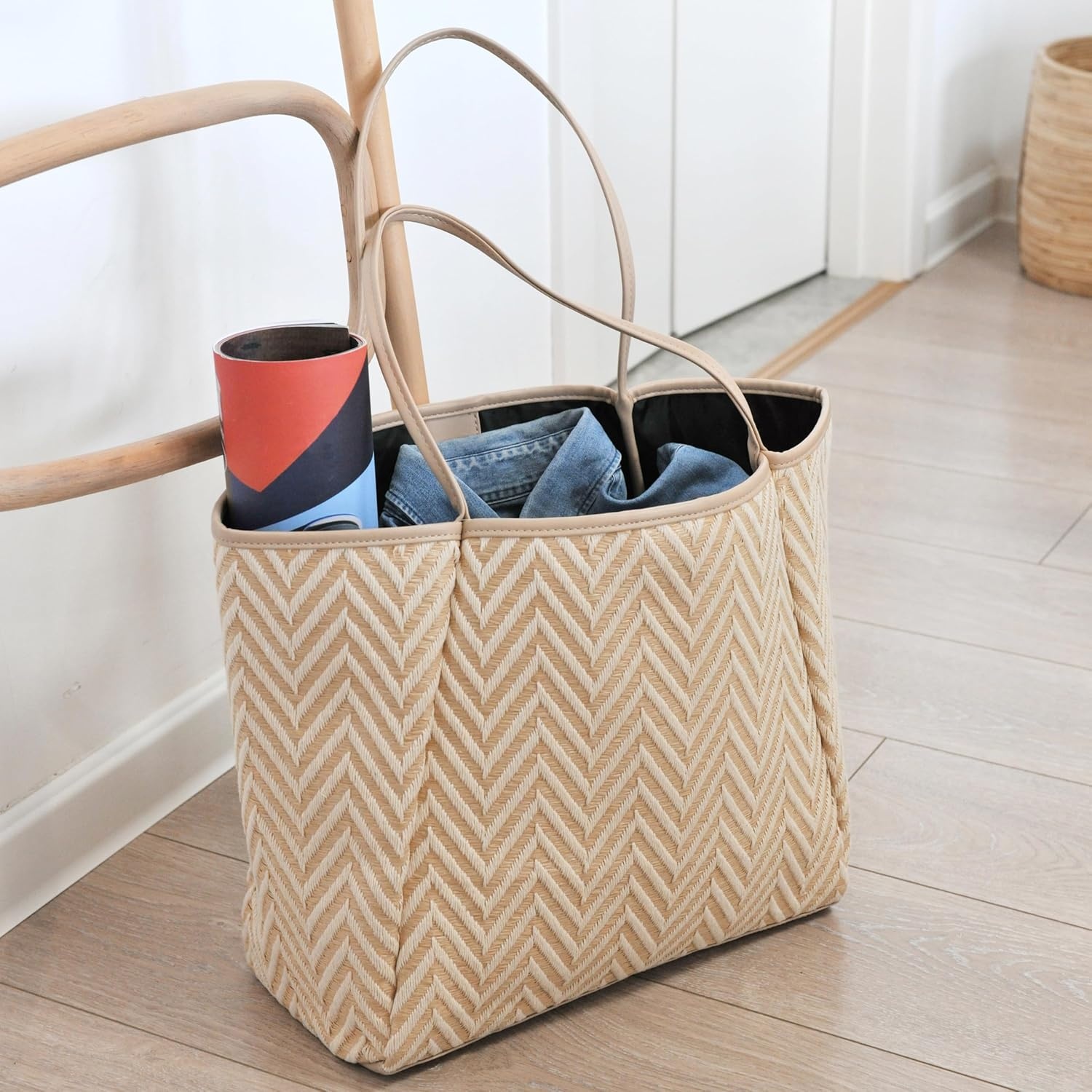 image:imageHOXIS Oversized Beach Tote with Vegan Leather Trim Women Shoulder Handbag