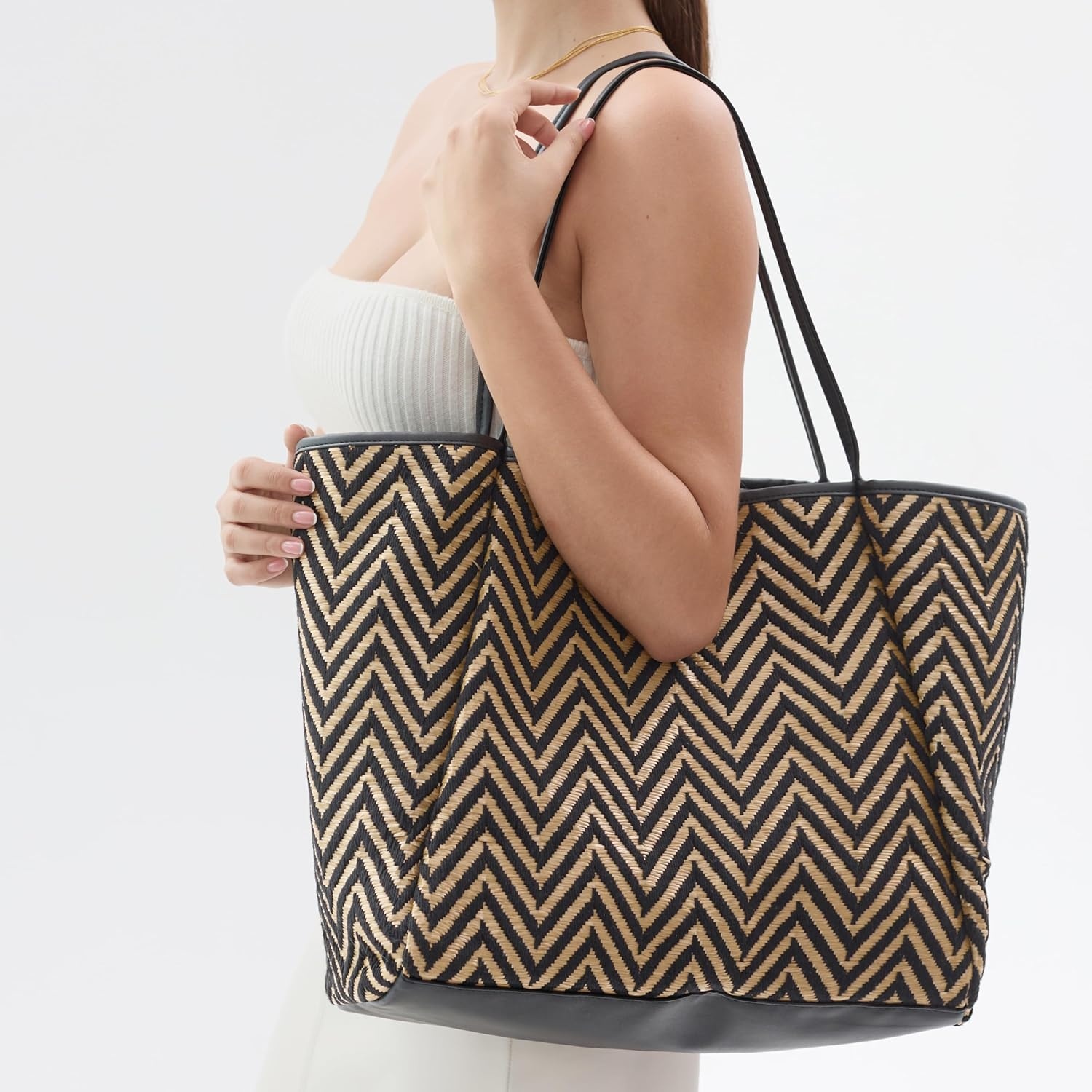 image:imageHOXIS Oversized Beach Tote with Vegan Leather Trim Women Shoulder Handbag