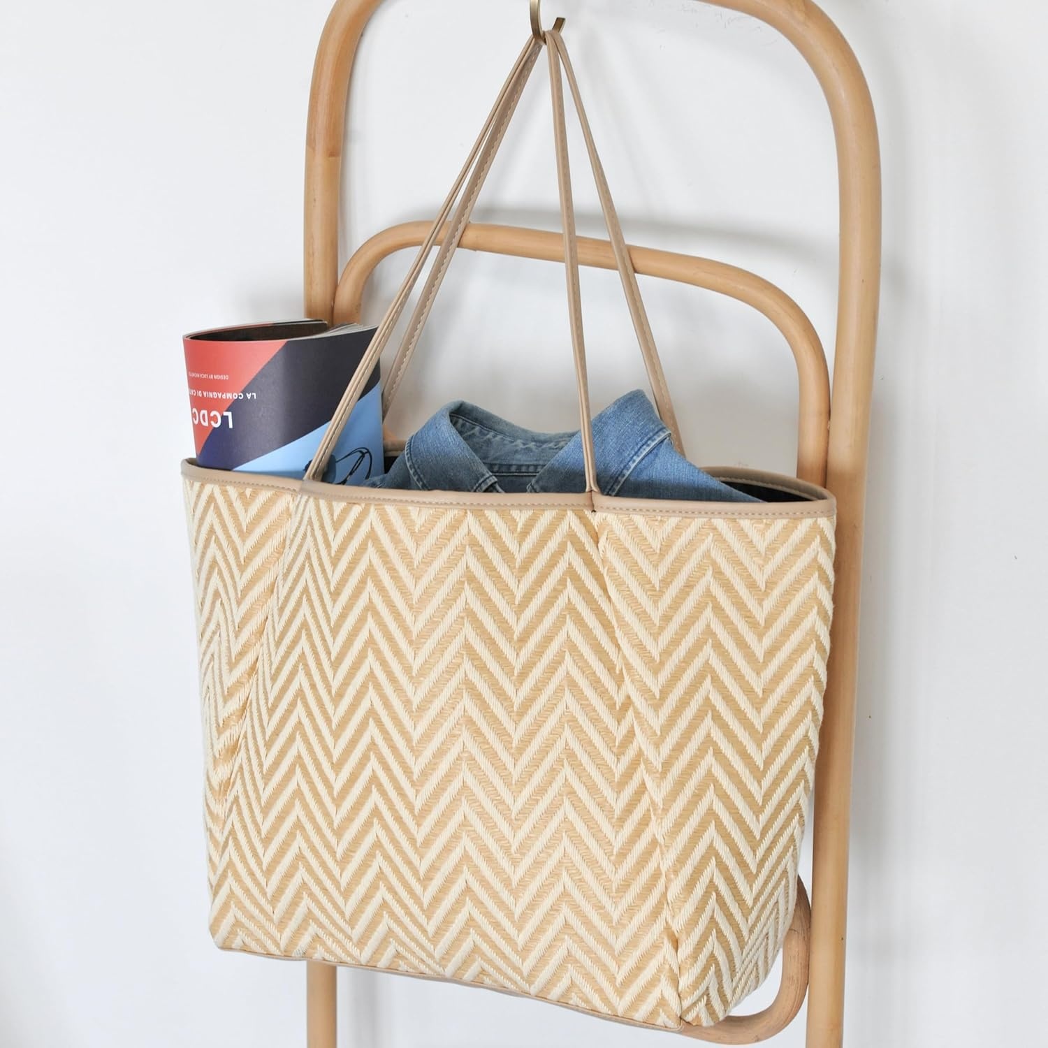 image:imageHOXIS Oversized Beach Tote with Vegan Leather Trim Women Shoulder Handbag